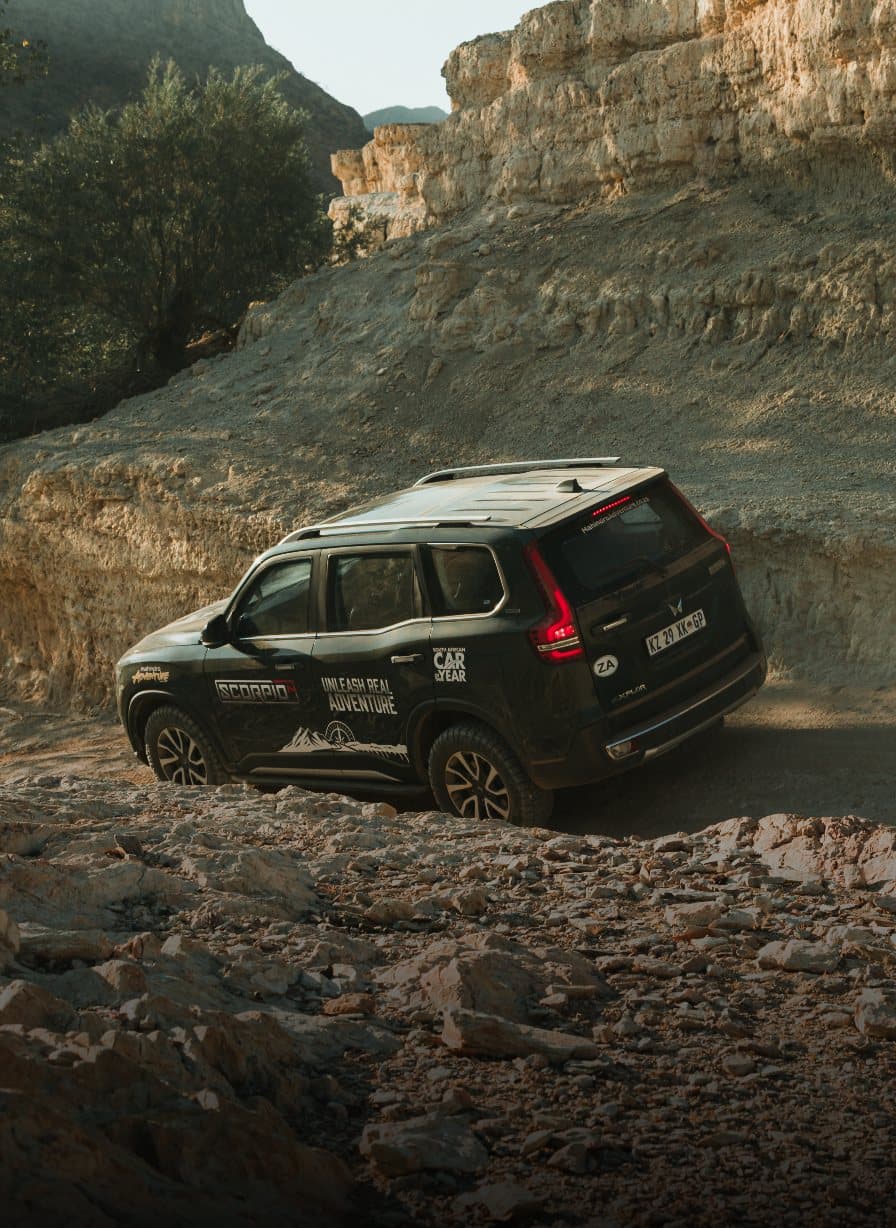 Mahindra Scorpio-N climbing a rocky trail in Kaokoland