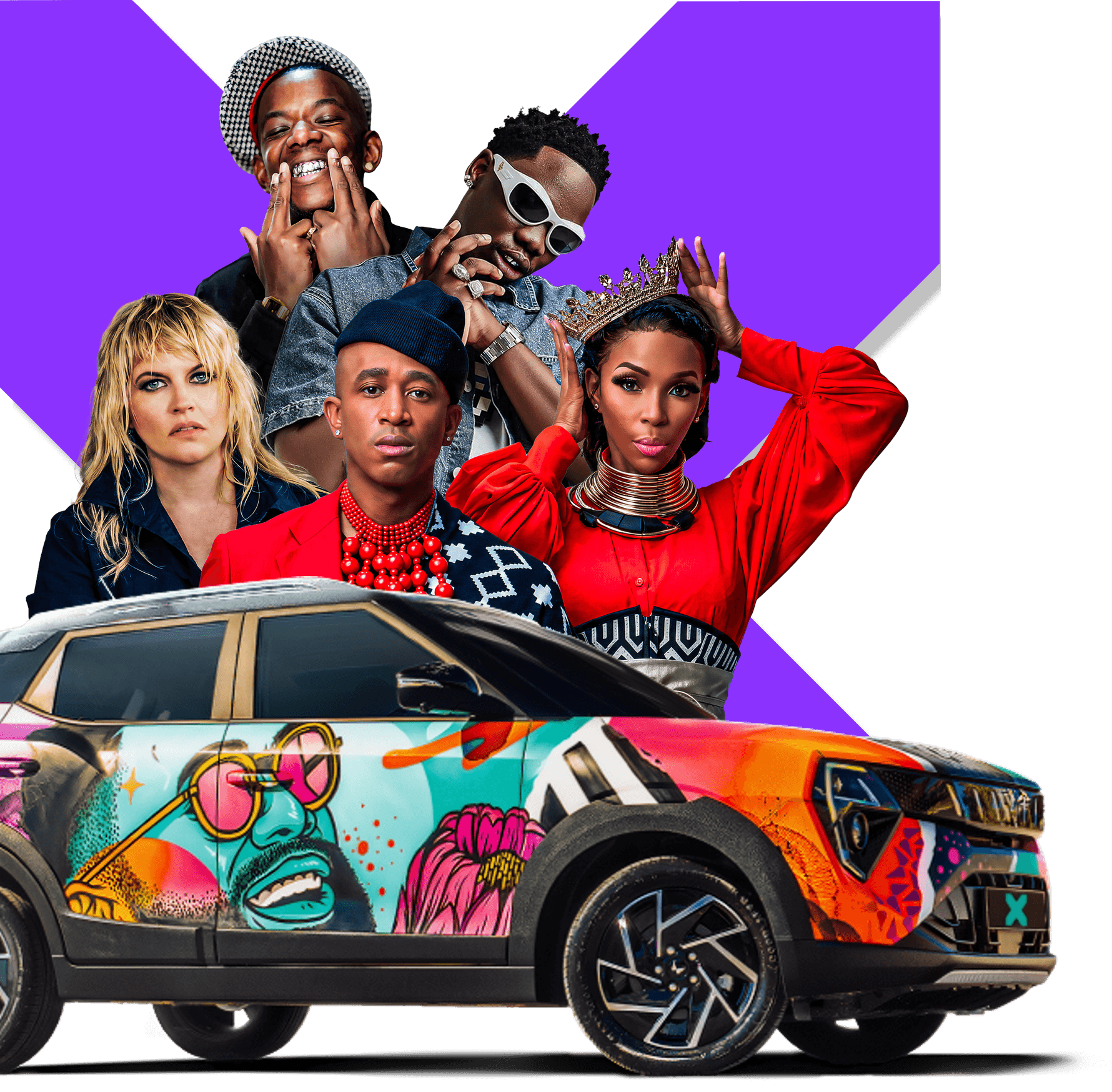 Fusion Fest artists in front of a purple X, with a wrapped Mahindra XUV 3XO